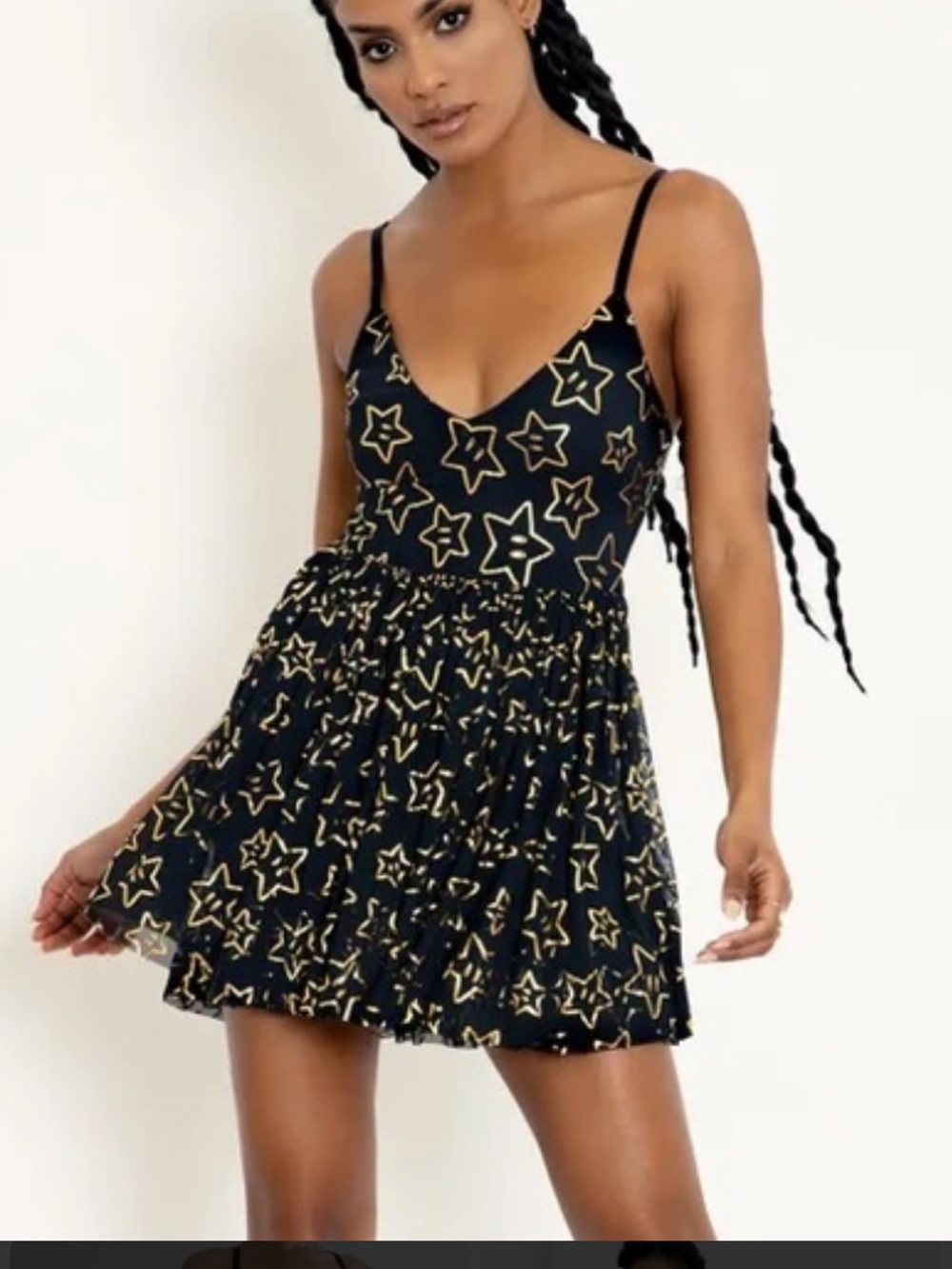 Blackmilk Nintendo Black Mini Dress with Gold Star Print